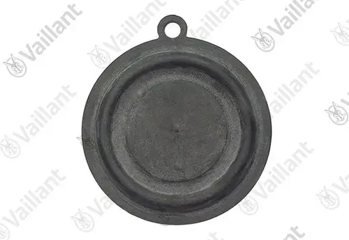 Schwarze, runde Membran von Vaillant mit einem zentralen Punkt und einer kleinen Öse zur Befestigung. Ideal für spezifische Heizungsanwendungen.